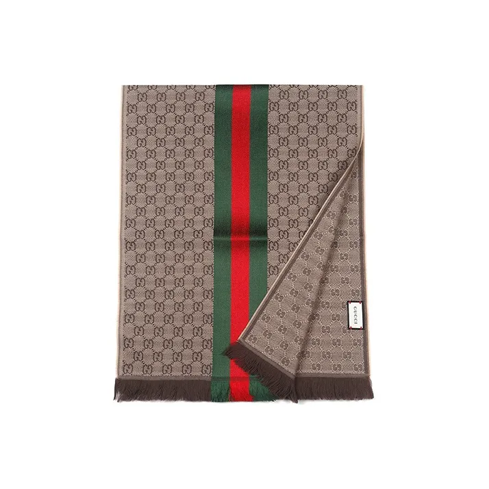 GUCCI Wool Silk Blend Knit Scarves Unisex Light Brown-2
