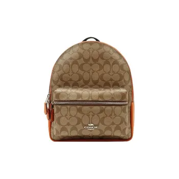 COACH Charlie Canvas With Leather Backpack Medium Size Women's Khaki Old Floral With Orange