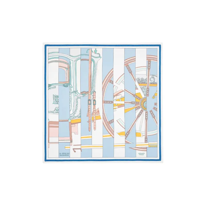 HERMES Stripes Edition Berlin Carriage Silk Scarves Women's Sky Blue-0