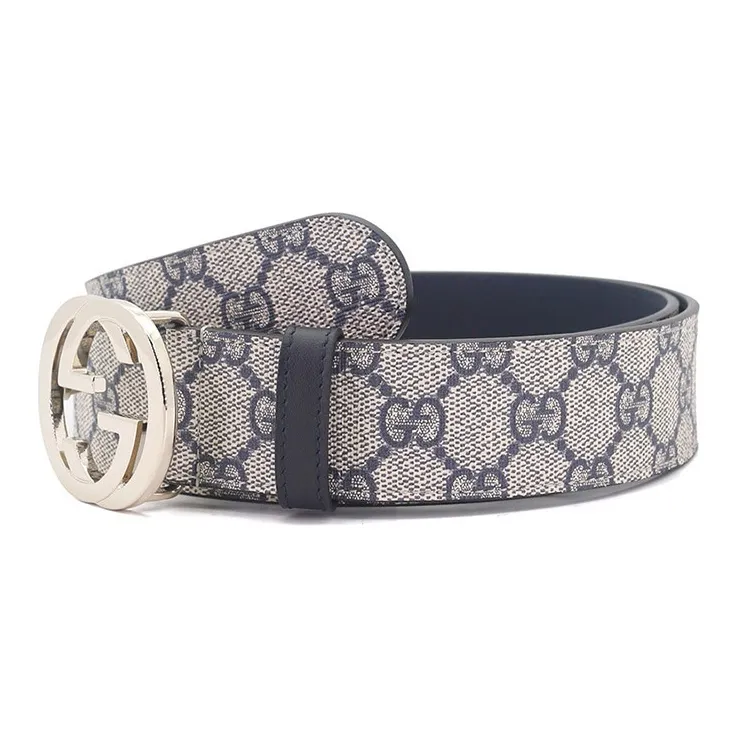 GUCCI Double G Interlocking Buckle Belt, Leather Upper Lining Leather Belts Unisex Beige Blue Width 3.5cm-3