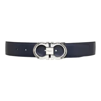 FERRAGAMO Cow Leather Belt Men's Navy Blue Width  3.5cm