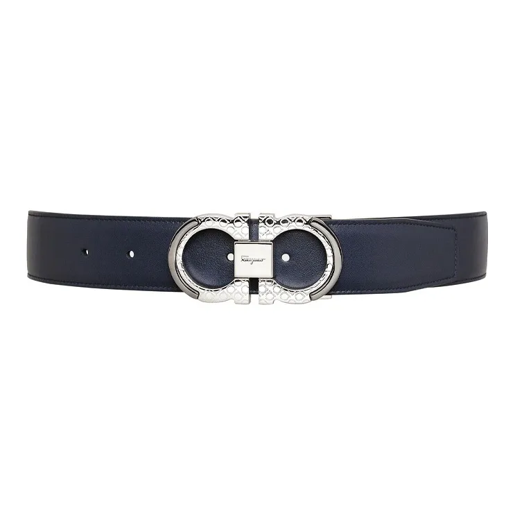 FERRAGAMO Cow Leather Belt Men's Navy Blue Width: 3.5cm-0