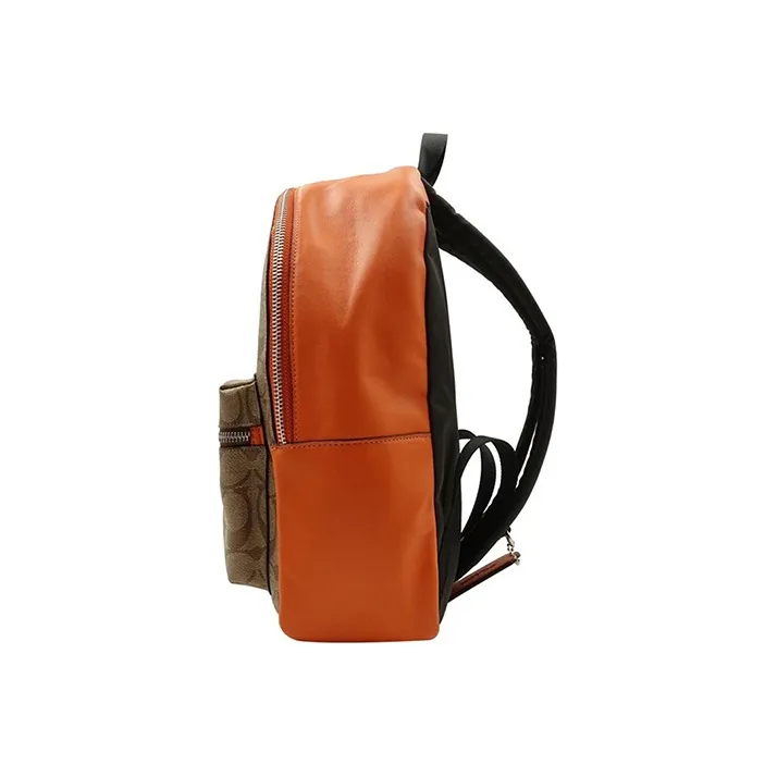 COACH Charlie Canvas With Leather Backpack Medium Size Women's Khaki Old Floral With Orange-3