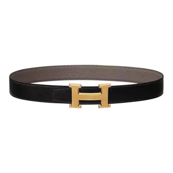 HERMES H Guillochee Togo Calfskin Belt Leather Belts Men's Black/Tin Gray Width  3.2cm