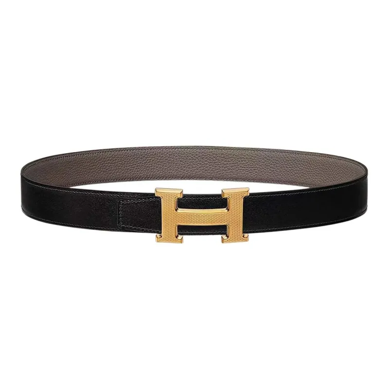HERMES H Guillochee Togo Calfskin Belt Leather Belts Men's Black/Tin Gray Width  3.2cm-0