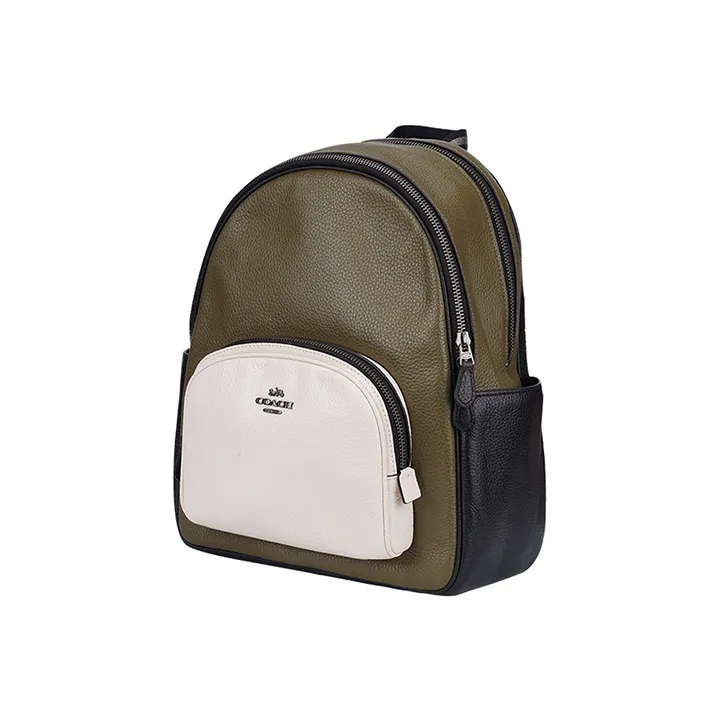 COACH Court Leather Backpack Medium Size Olive Green & White-1
