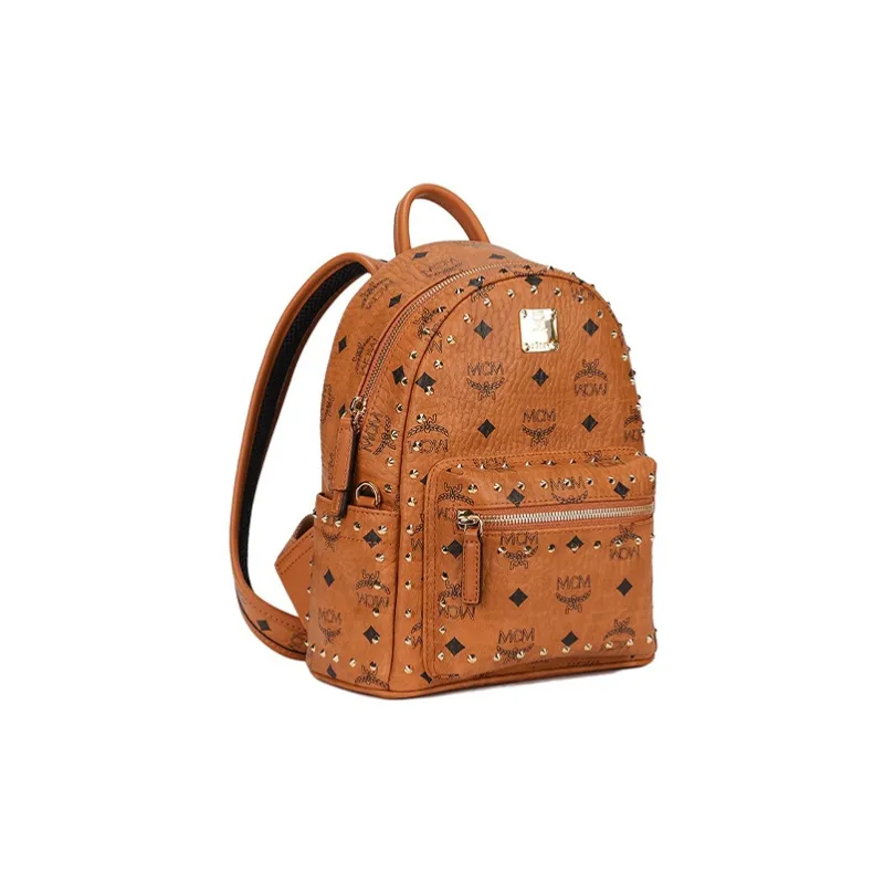 MCM Stark Visetos Artificial Leather Handheld Backpack Mini Unisex Brown Cognac-1