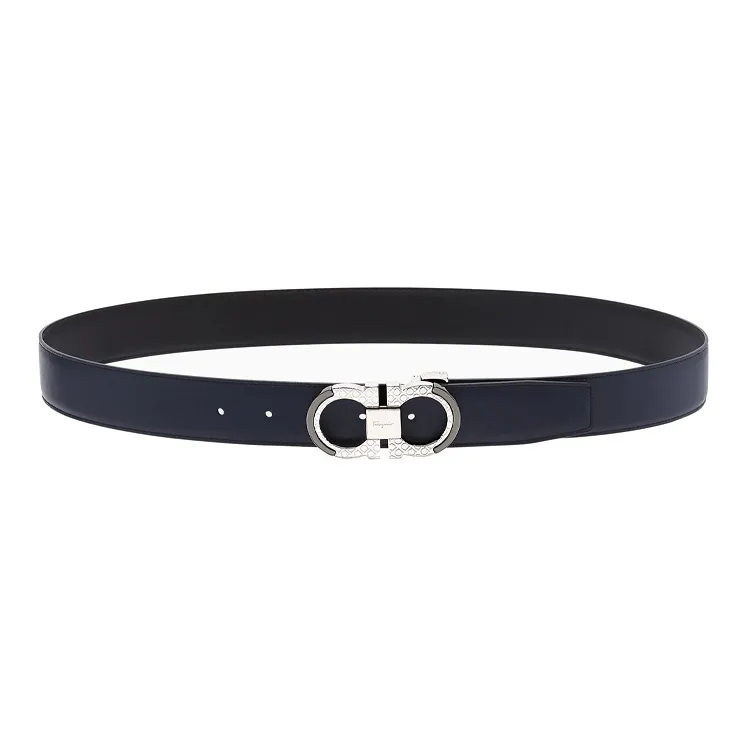 FERRAGAMO Cow Leather Belt Men's Navy Blue Width: 3.5cm-1