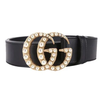 GUCCI Double G Wide Leather Belt Pearl Buckle 1.5 Width