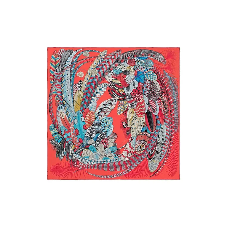 HERMES Silk Scarves Women's Red, Feather-0