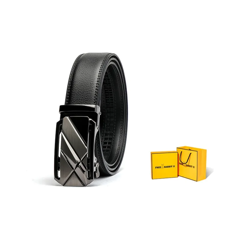 FREE RABBITⅡ Cool Genuine Leather Belt With Automatic Buckle, Youth Pants Belt Men's Black-0