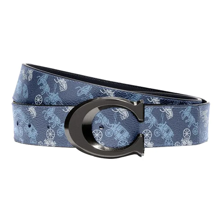 COACH Horse Drawn Monogram With Buckle Pin Buckle Leather Belts Men's Black/Sea Blue Width  3.8cm-1