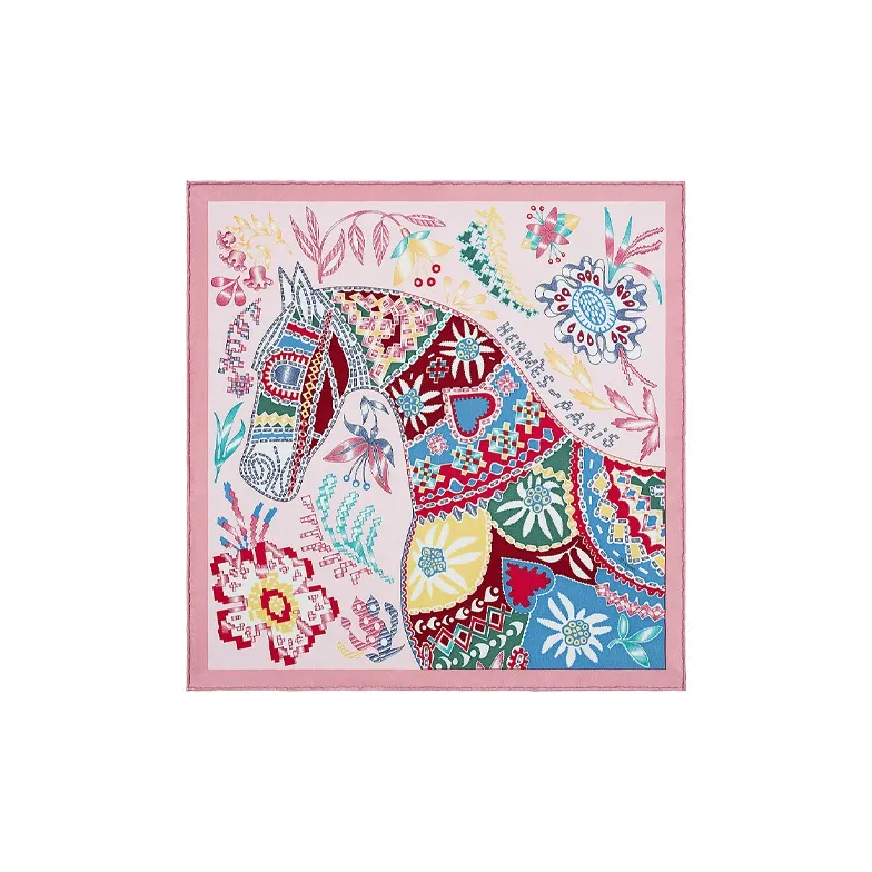 HERMES Silk Scarves Women's Pink/Denim Blue/Yellow-0