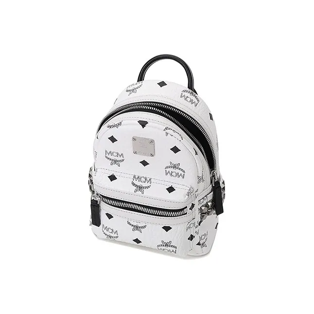 MCM Stark Visetos Cow Leather One Shoulder Crossbody Backpack Extra Mini Women's Black White-3