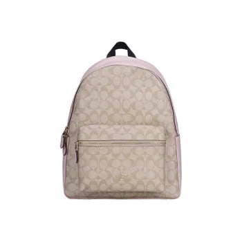 COACH Charlie Canvas With Leather Backpack Tubas Women's Cherry Blossom Pink & Beige Brown