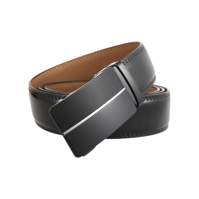 BAIJUAN Matte Textured Silver Thread Men's Casual Shoes With Automatic Buckle, Black, Width 3.5CM Leather Belts Men's-0
