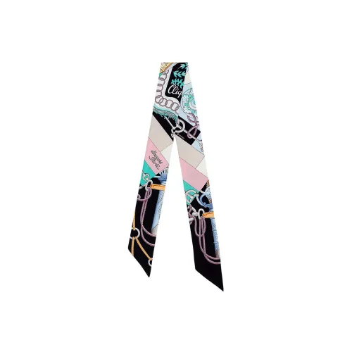 HERMES Silk Scarves Women's Black/Rose Pink/Mint Green