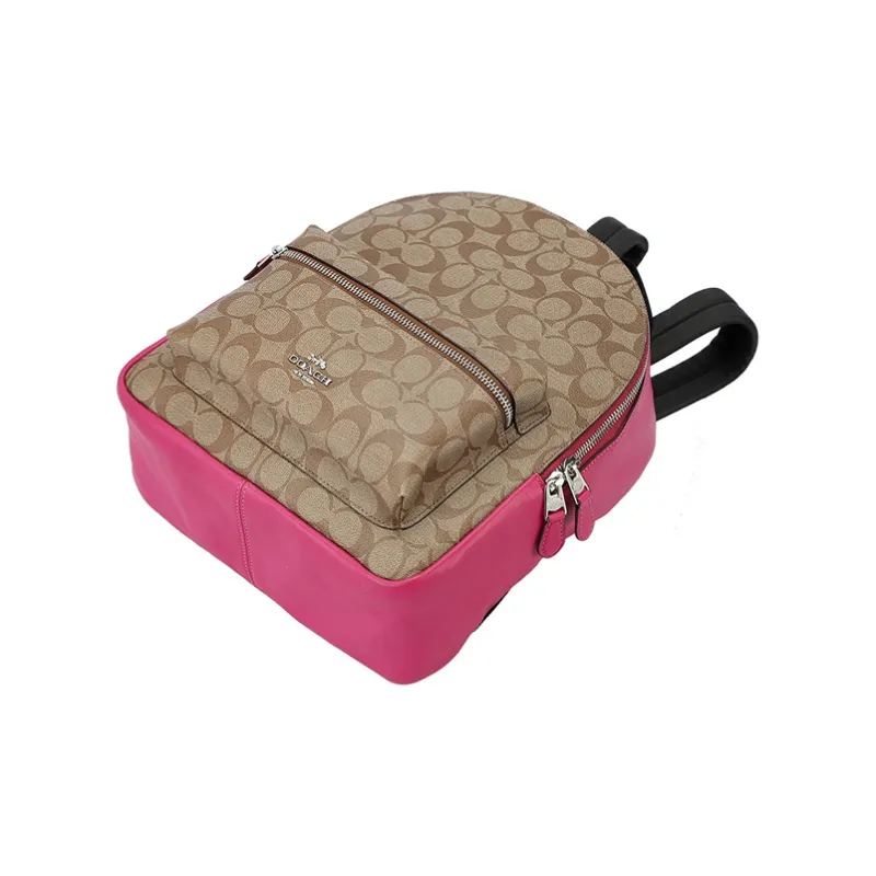 COACH Charlie Canvas With Leather Backpack Medium Size Women's Khaki Monogram & Pink-1