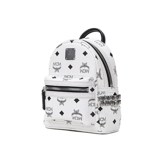 MCM Stark Visetos Cow Leather One Shoulder Crossbody Backpack Extra Mini Women's Black White-1