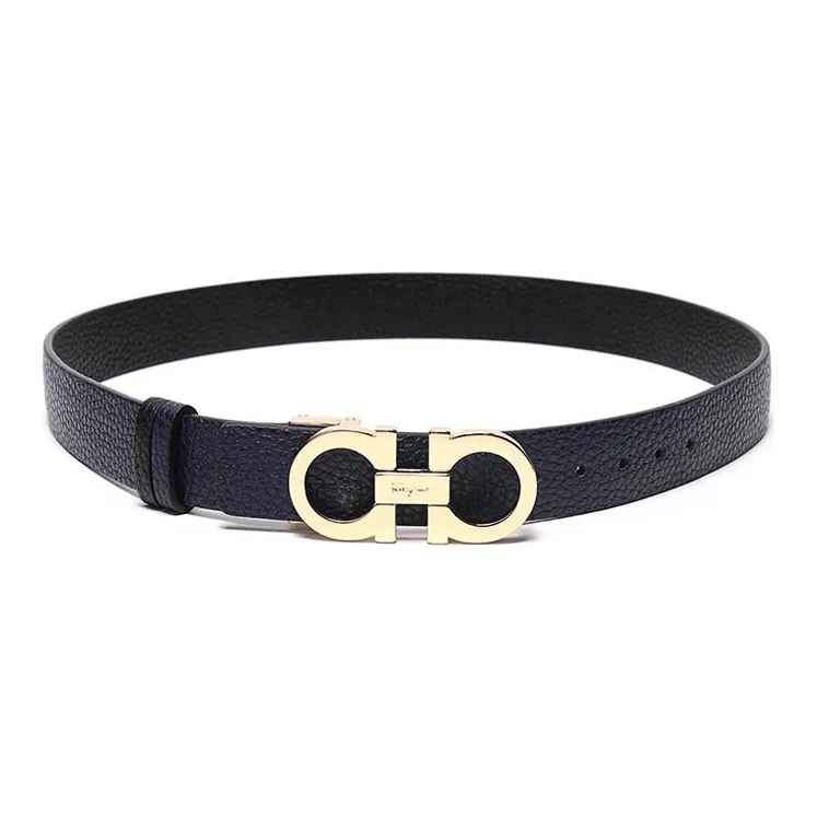 FERRAGAMO Cow Leather Belt Women's Dark Blue/Black Width  2.5cm-3