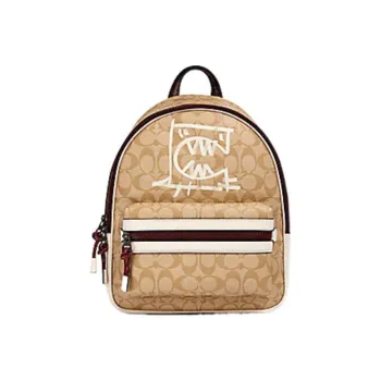 COACH X Guang Yu Charlie Canvas With Leather Coated Backpack Large Size Women's Khaki