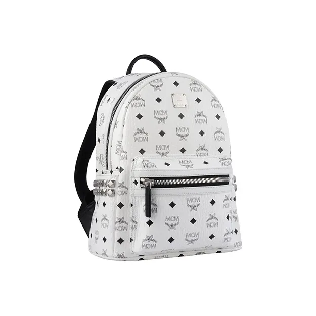 MCM Stark Visetos Coated Canvas Backpack Trumpets Women's White Black White-1