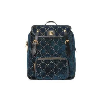 GUCCI Velvet With Leather Backpack Small Size Unisex Dark Blue