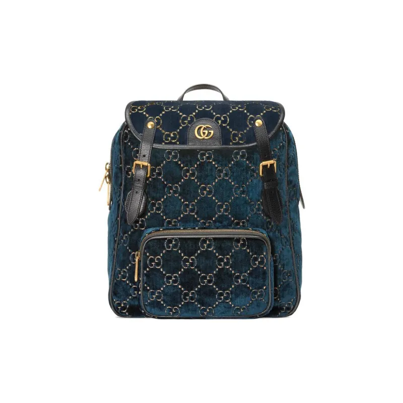 GUCCI Velvet With Leather Backpack Small Size Unisex Dark Blue-0