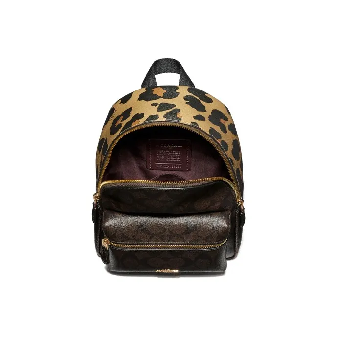 COACH Charlie Canvas With Leather Backpack Mini Unisex Dark Brown With Leopard Print-3