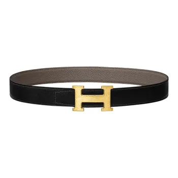HERMES H Letter Martelee Gold Buckle Epsom Calfskin Belt Men's Black/Tin Gray Width  3.2cm