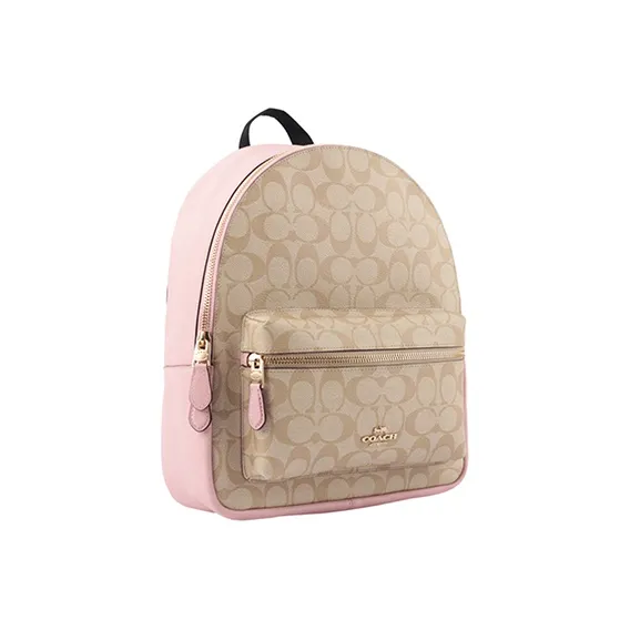 COACH Charlie Canvas With Leather Backpack Medium Size Women's Cherry Blossom Pink With Light Khaki Accents-1