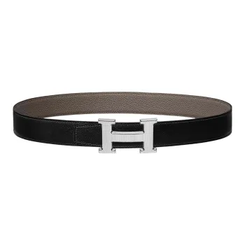 HERMES H Stripes Silver Buckle Epsom Calfskin Double-Sided Leather Belt Women's Black/Tin Gray Width: 3.2CM