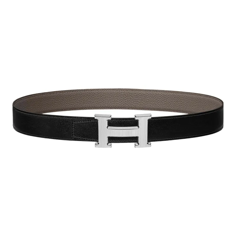 HERMES H Stripes H Stripes Silver Buckle Epsom Calfskin Double Sided Leather Belt Women's Black/Tin Gray Width 3.2cm-0