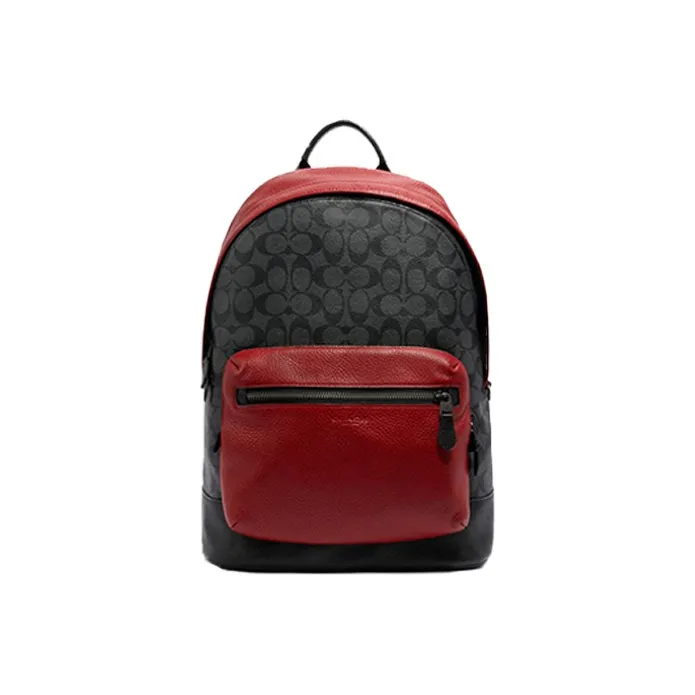 COACH West Cow Leather Backpack Men's Black Monogram With Red Accents-0