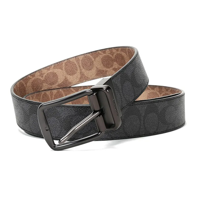 COACH Canvas Leather Belts Men's Black Brown Width 3.6cm-4