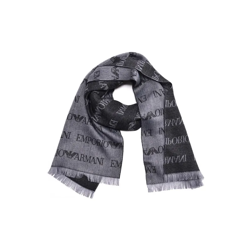 EMPORIO ARMANI Virgin wool Blend Scarf With Jacquard Logo Lettering And Fringes-2
