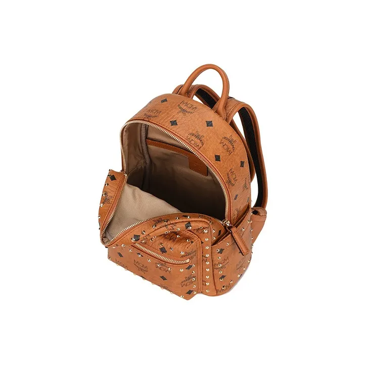 MCM Stark Visetos Artificial Leather Handheld Backpack Mini Unisex Brown Cognac-4