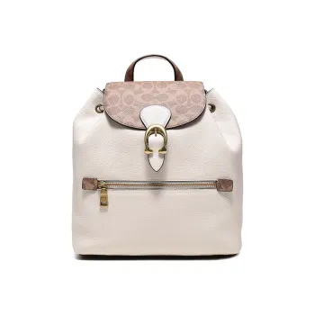 COACH Evie Canvas With Leather Backpack Medium Size Women's Brown Yellow Chalk White