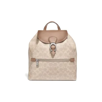 COACH Evie Canvas With Leather Backpack Medium Size Women's Light Khaki Monogram With Distressed Brown