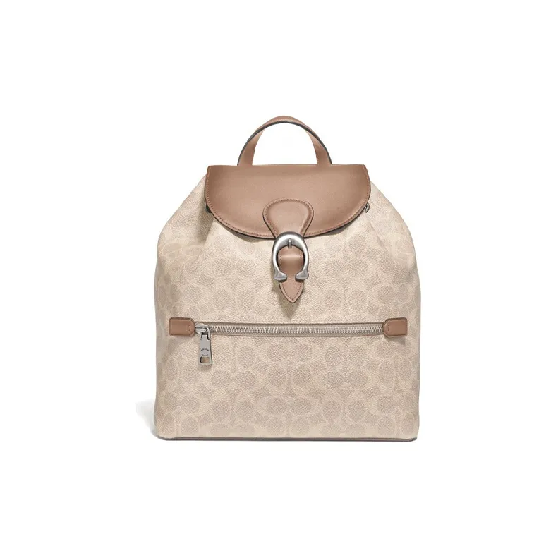 COACH Evie Canvas With Leather Backpack Medium Size Women's Light Khaki Monogram With Distressed Brown-0
