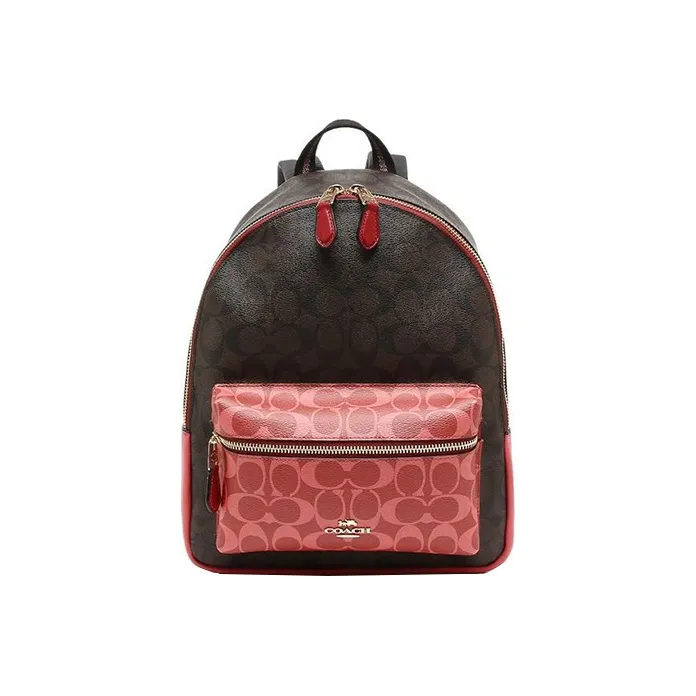 COACH Charlie PVC Backpack Medium Size Women's Red/Pink & Black/Brown-0