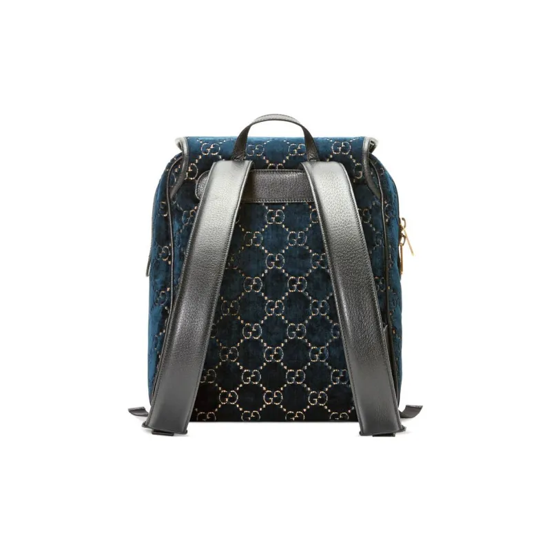 GUCCI Velvet With Leather Backpack Small Size Unisex Dark Blue-2