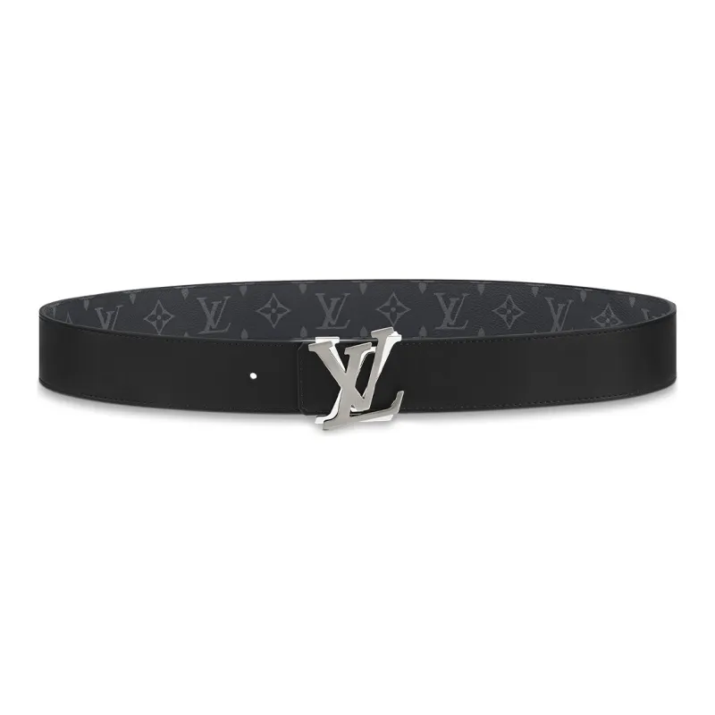 LOUIS VUITTON Double Sided Silver Logo Smooth Buckle Cow Leather Canvas Leather Belts Men's Black Width 4cm-1