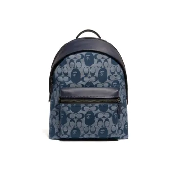 COACH X Bape Collaboration Charter Leather Backpack Unisex Denim Blue