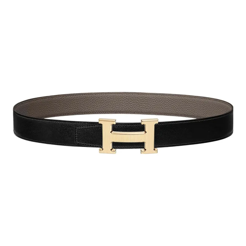 HERMES H Stripes Leather Belts Women's Black/Tin Gray-0