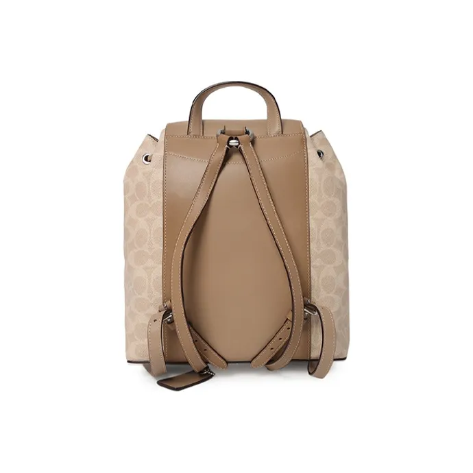 COACH Evie Canvas With Leather Backpack Medium Size Women's Light Khaki Monogram With Distressed Brown-4