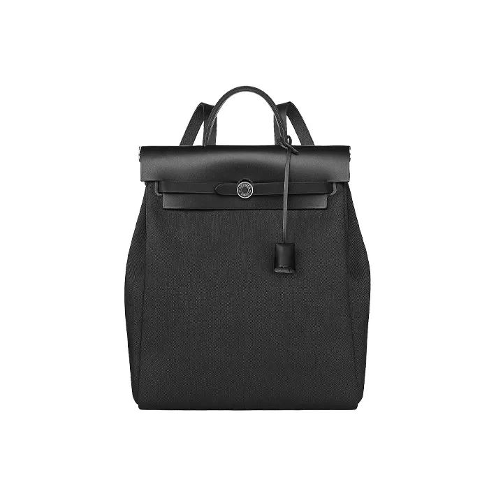 HERMES Herbag Zip Canvas With Hunter Cow Leather Handbag Backpack Unisex Black-0