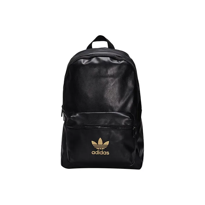 Adidas Originals Leather Backpack Regular Women's Black Gold Color Scheme-0