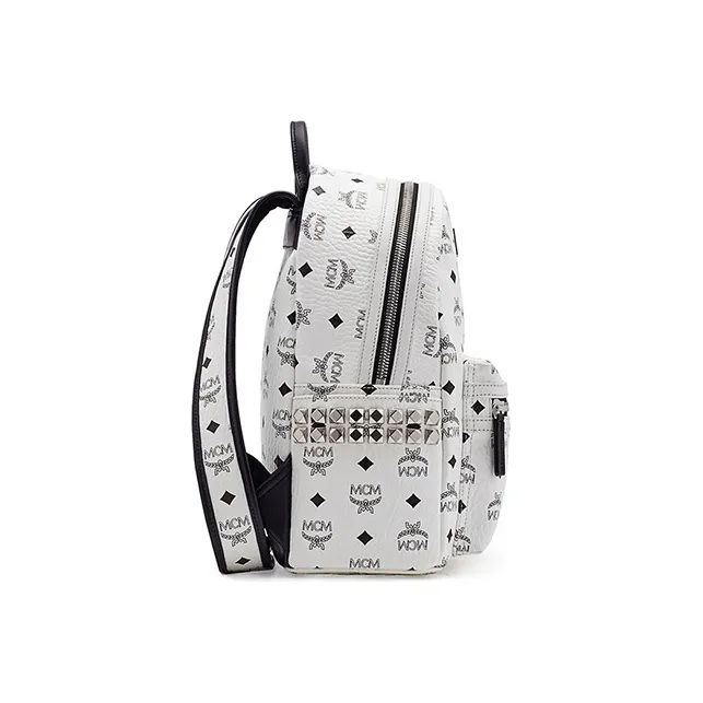 MCM Stark Visetos Coated Canvas Backpack Trumpets Women's White Black White-2