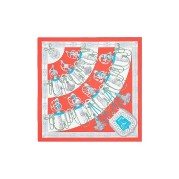 HERMES Silk Scarves Women's Garnet Red/Gray/Turquoise Blue
